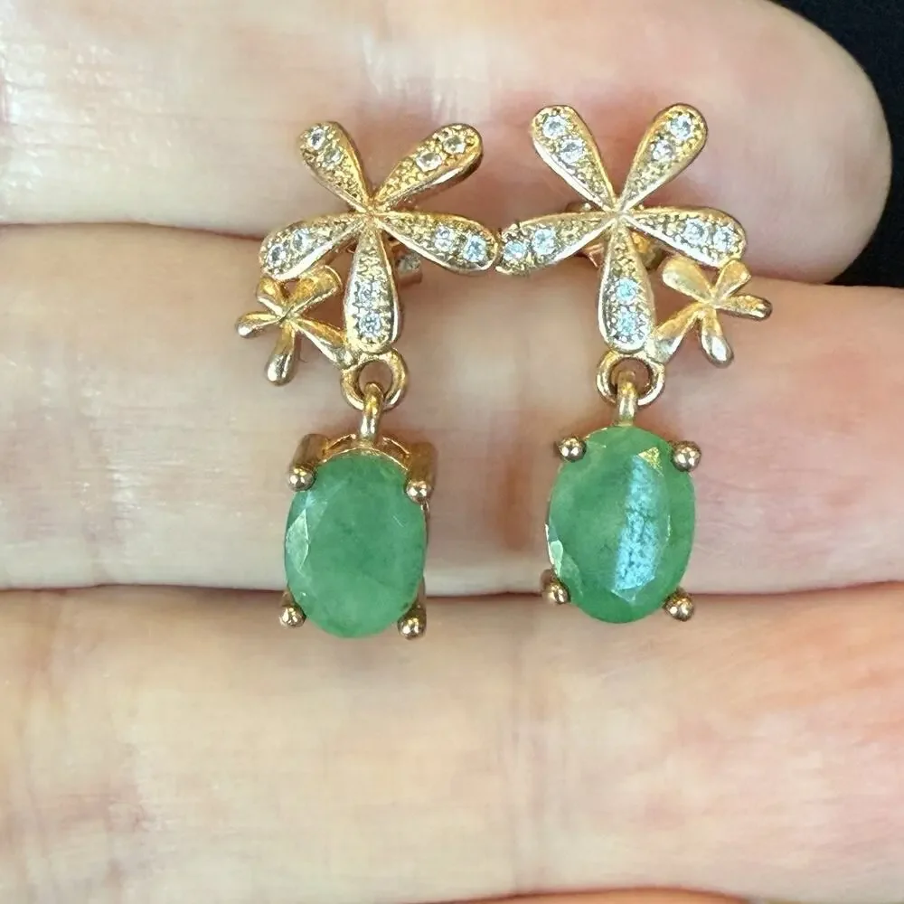 Sterling Silver 925 Gold Vermeil Green Emerald Pierced Dangle Earrings - Picture 1 of 6